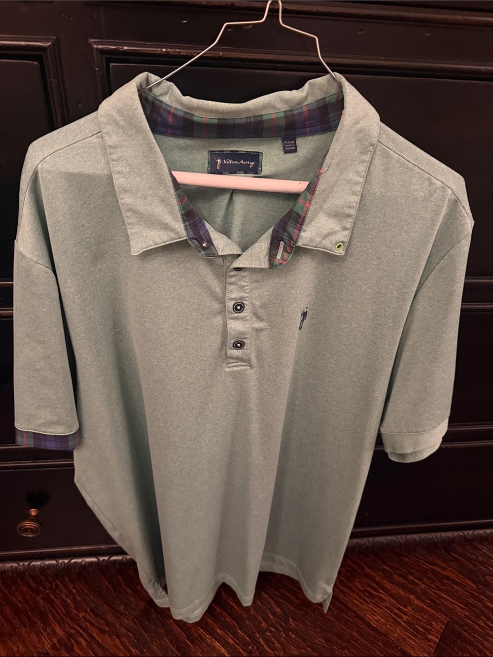 William Murray Sage Green Polo with Plaid Collar Trim